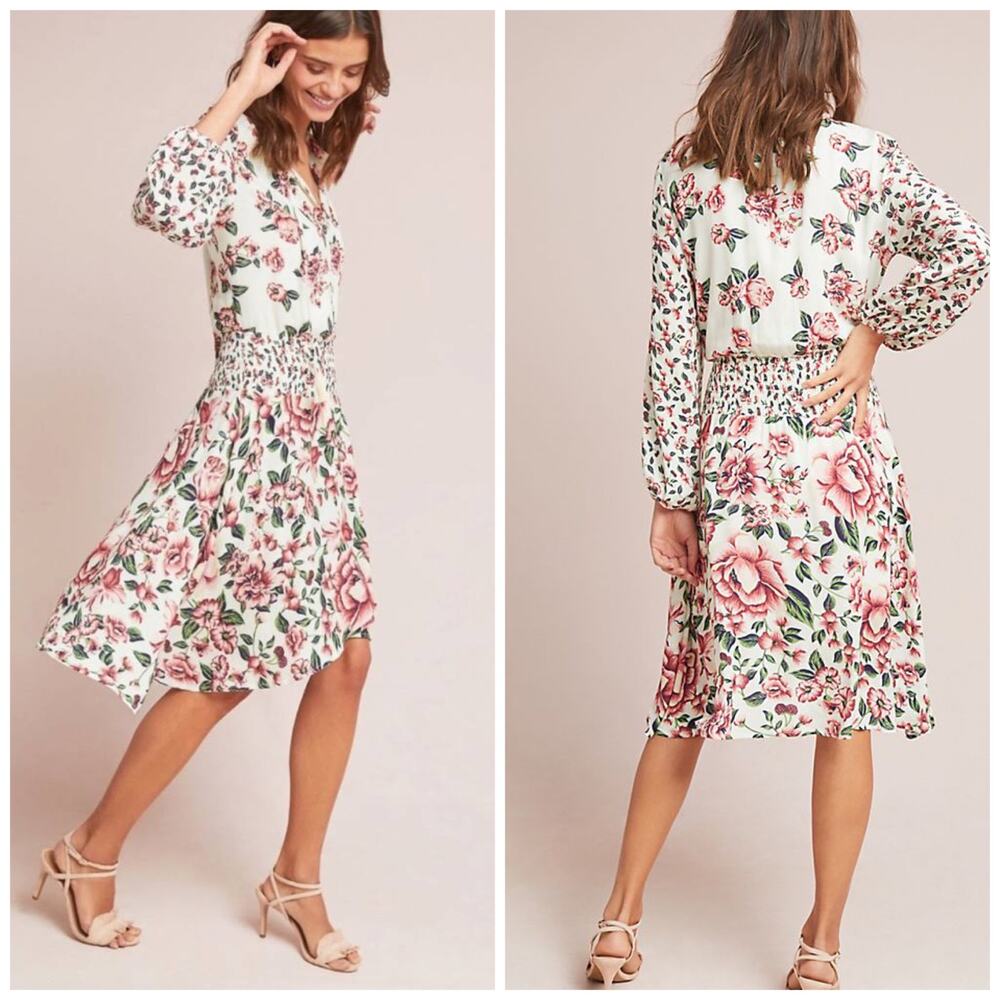 Farm Rio Anthropologie Floral Dress White Pink